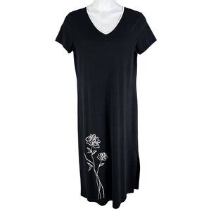 Talbots Womens M Black Maxi Dress Floral Embroidery Short Sleeve V-Neck Hippie